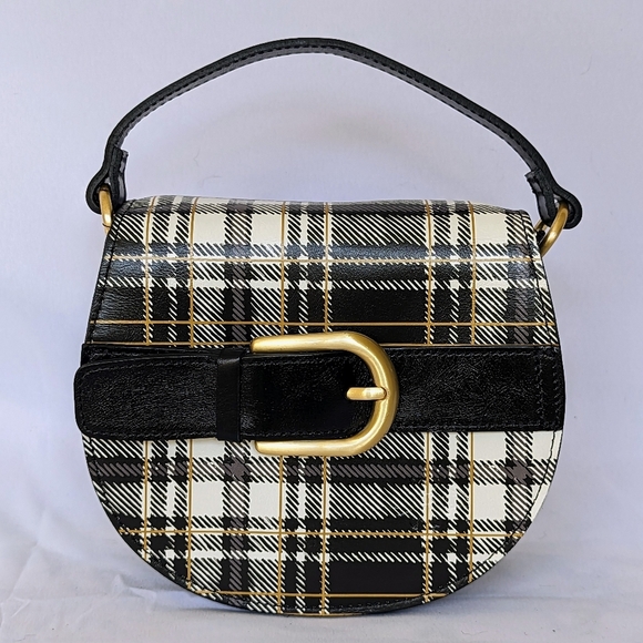 Patricia Nash Annfield Saddle Bag Leather Crossbody Handle Black White Plaid NWT - Picture 1 of 13